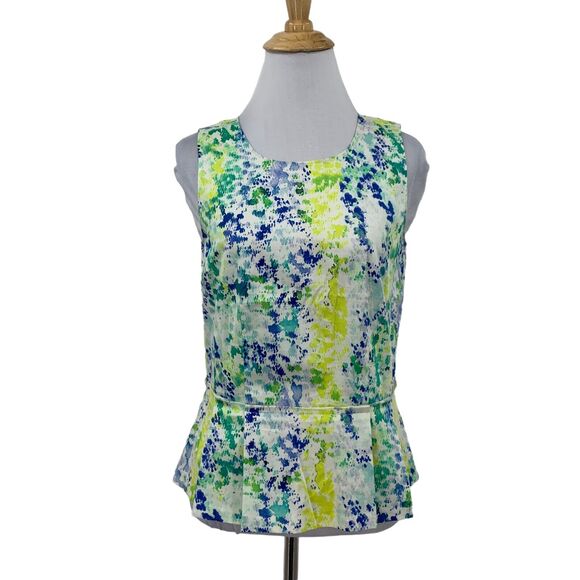 Ann Taylor Tank Top Womens 0 Multi Tie Dye Pleated Peplum Back Zip Sleeveless - Picture 1 of 13